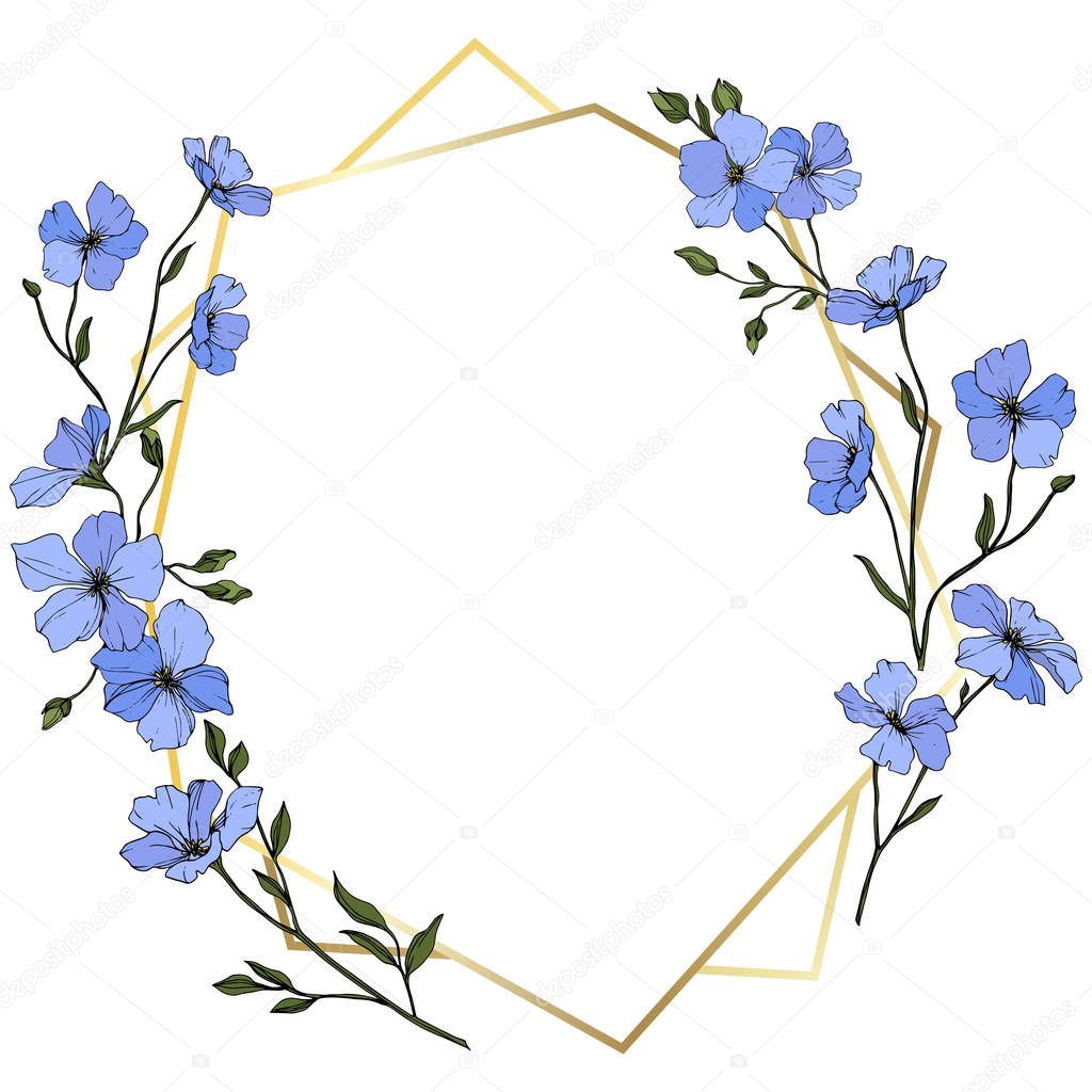 Vector. Blue flax flowers with green leaves and buds. Engraved ink art. Frame golden crystal. Geometric crystal stone polyhedron mosaic shape.