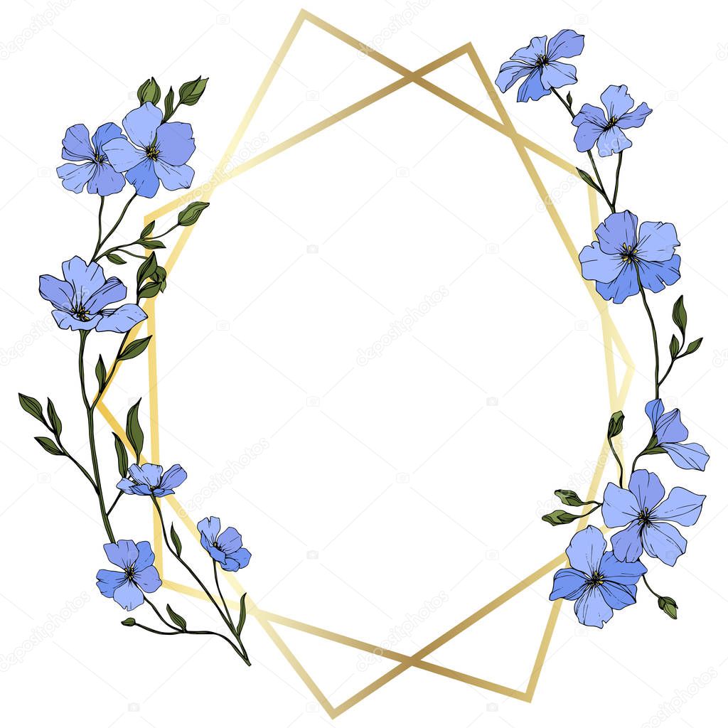 Vector. Blue flax flowers with green leaves and buds. Engraved ink art. Frame golden crystal. Geometric crystal stone polyhedron mosaic shape.