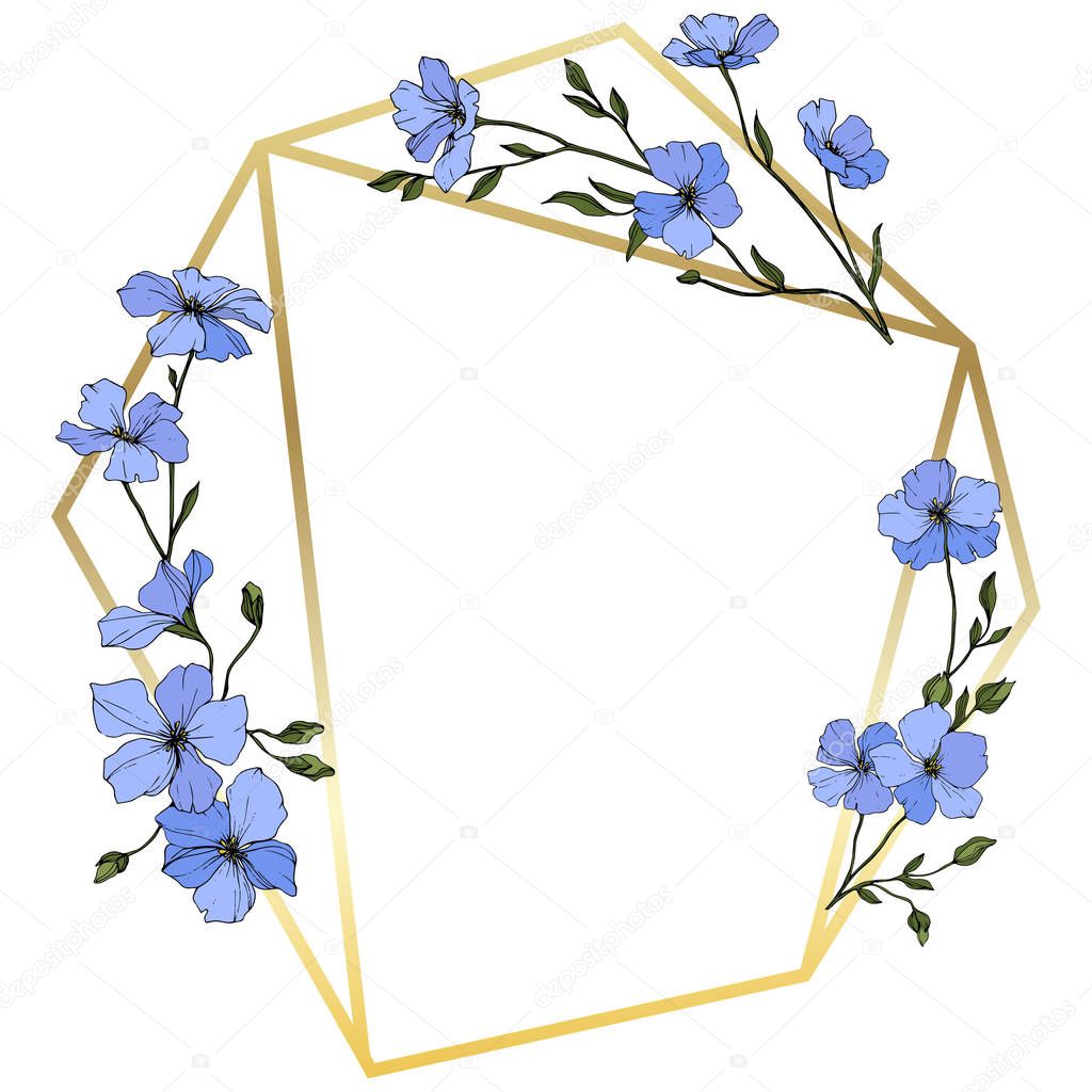 Vector. Blue flax flowers with green leaves and buds. Engraved ink art. Frame golden crystal. Geometric crystal stone polyhedron mosaic shape.