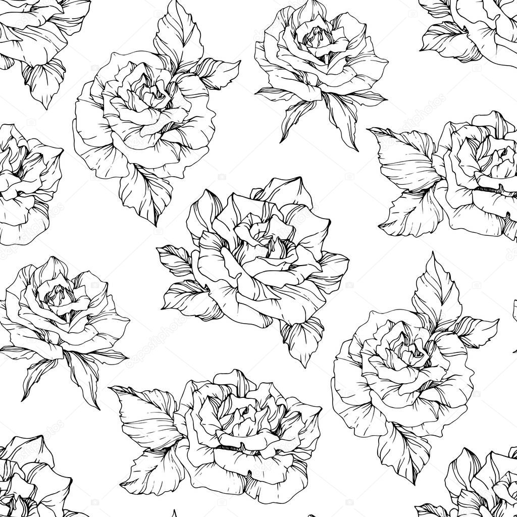 Vector Roses. Black and white engraved ink art. Seamless background pattern. Fabric wallpaper print texture on white background.