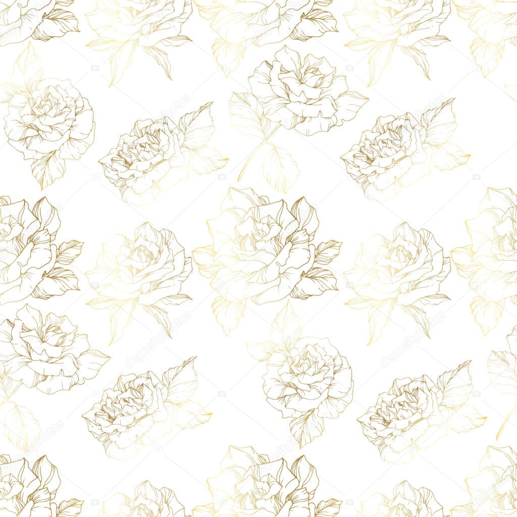 Vector Roses. Golden engraved ink art. Seamless background pattern. Fabric wallpaper print texture on white background.