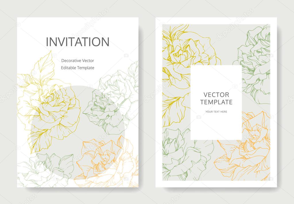 Vector rose flowers. Wedding cards with floral borders. Thank you, rsvp, invitation elegant cards illustration graphic set. 