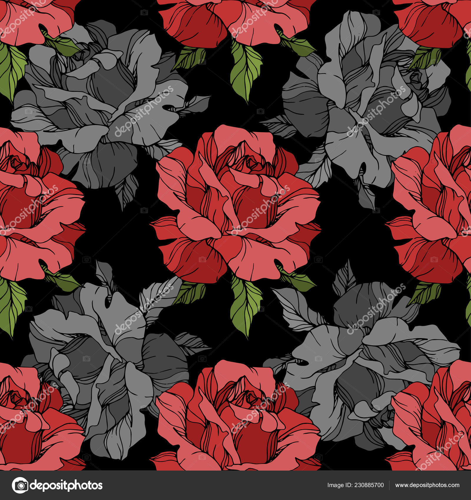 Grey Red Roses Engraved Ink Art Seamless Background Pattern Fabric ...