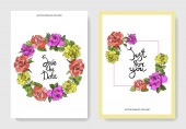 Vektor. Coral, žluté a fialové květy růže na kartách. Svatební oznámení s květinovou dekorativní hranice. Díky, rsvp, pozvání elegantní karty ilustrace grafický soubor. Ryté inkoust umění.