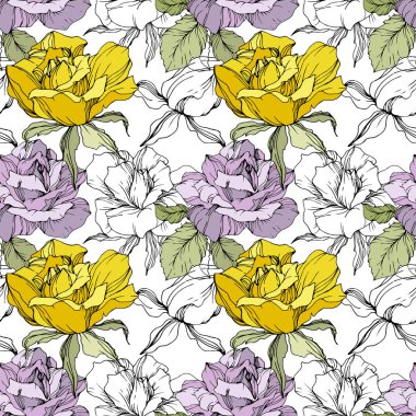 Sarı ve mor güller. Oyulmuş mürekkep sanat. Sorunsuz arka plan deseni. Kumaş duvar kağıdı yazdırma doku beyaz arka plan üzerinde.