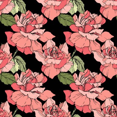 Pembe gül. Oyulmuş mürekkep sanat. Sorunsuz arka plan deseni. Kumaş duvar kağıdı yazdırma doku siyah arka plan üzerine.