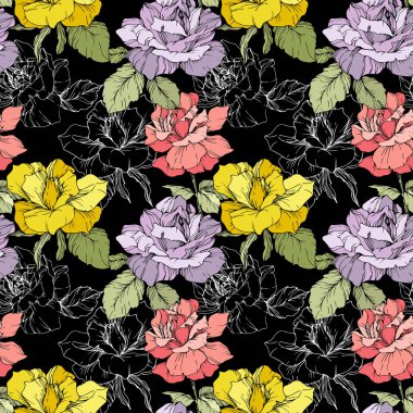 Pink, yellow and purple roses. Engraved ink art. Seamless background pattern. Fabric wallpaper print texture on black background. clipart