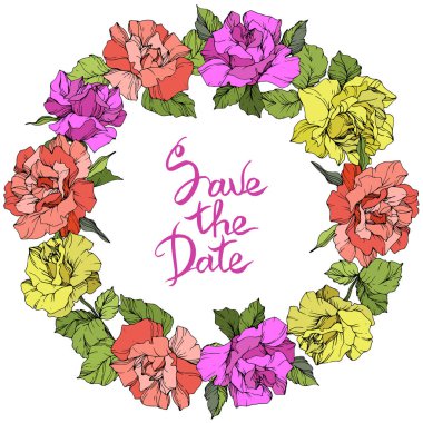 Vector. Roses floral wreath. Purple, yellow and coral rose flowers engraved ink art. Save the Date handwriting monogram calligraphy. clipart
