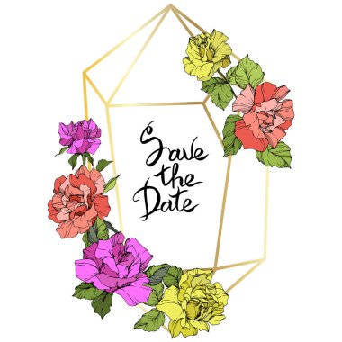 Vector Rose flowers and golden crystal frame. Coral, yellow and purple engraved ink art. Geometric crystal polyhedron shape on white background. Save the Date handwriting monogram calligraphy. clipart