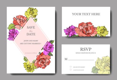 Vector. Coral, yellow and purple rose flowers on cards. Wedding cards with floral decorative borders. Thank you, rsvp, invitation elegant cards illustration graphic set. Engraved ink art. clipart