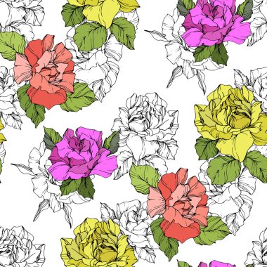 Beautiful coral, yellow and purple roses. Engraved ink art. Seamless background pattern. Fabric wallpaper print texture on white background. clipart