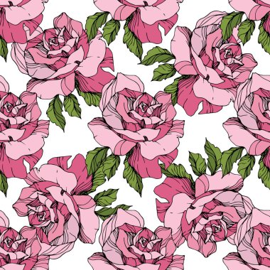 Pembe gül. Oyulmuş mürekkep sanat. Sorunsuz arka plan deseni. Kumaş duvar kağıdı yazdırma doku beyaz arka plan üzerinde.