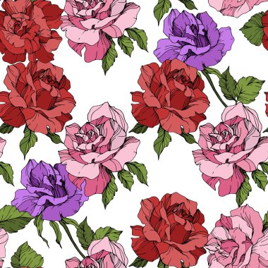 Pembe, kırmızı veya mor güller. Oyulmuş mürekkep sanat. Sorunsuz arka plan deseni. Kumaş duvar kağıdı yazdırma doku beyaz arka plan üzerinde.