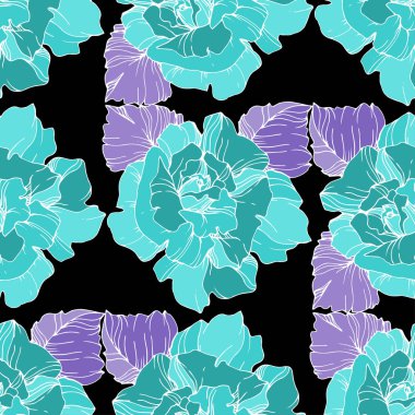 Blue roses. Engraved ink art. Seamless background pattern. Fabric wallpaper print texture on black background. clipart