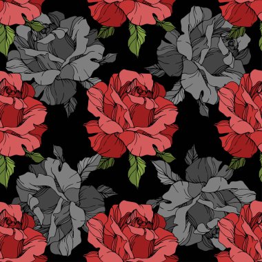 Grey and red roses. Engraved ink art. Seamless background pattern. Fabric wallpaper print texture on black background. clipart