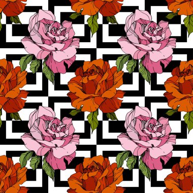 Pembe ve kırmızı güller. Oyulmuş mürekkep sanat. Sorunsuz arka plan deseni. Kumaş duvar kağıdı yazdırma doku beyaz arka plan üzerinde.