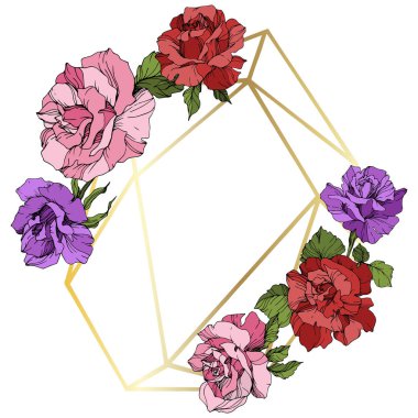 Vektör. Gül çiçek ve altın kristal çerçeve. Pembe, kırmızı veya mor mürekkep sanat kazınmış. Beyaz arka plan üzerinde geometrik kristal polihedron şekil. 