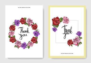 Güzel gül çiçek kartları. Düğün kartları çiçek dekoratif sınırları ile. Teşekkür ederim, rsvp, davet zarif kartları illüstrasyon grafik kümesi. Oyulmuş mürekkep sanat.