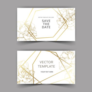 Vector. Golden rose flowers on cards. Wedding cards with golden borders. Thank you, rsvp, invitation elegant cards illustration graphic set. Engraved ink art. clipart
