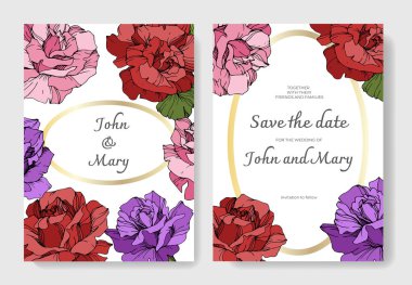 Beautiful rose flowers on cards. Wedding cards with floral decorative borders. Thank you, rsvp, invitation elegant cards illustration graphic set. Engraved ink art. clipart