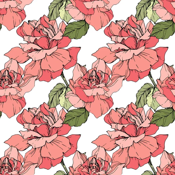 Pink Roses Engraved Ink Art Seamless Background Pattern Fabric Wallpaper — Stock Vector