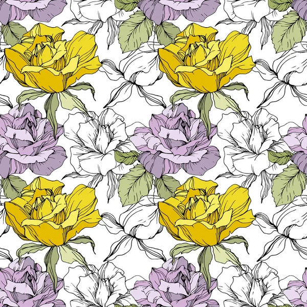 Roses Jaunes Violettes Encre Gravée Modèle Fond Sans Couture Texture — Image vectorielle