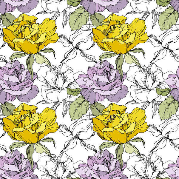 Yellow and purple roses. Engraved ink art. Seamless background pattern. Fabric wallpaper print texture on white background.