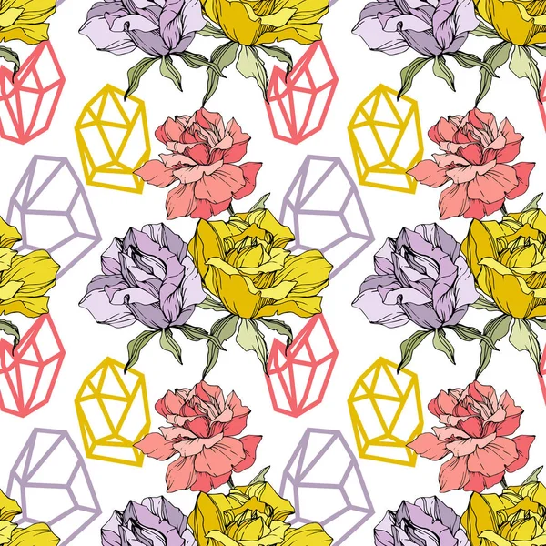 Pink Yellow Purple Roses Engraved Ink Art Seamless Background Pattern — Stock Vector