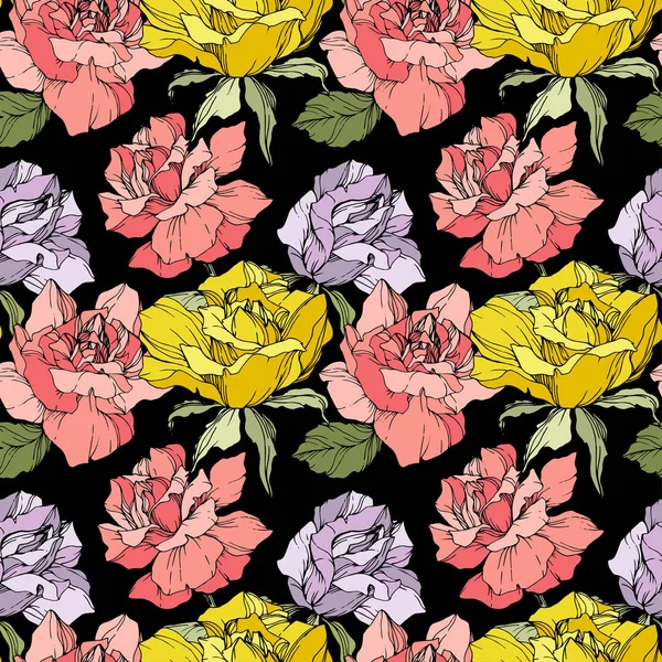Pink Yellow Purple Roses Engraved Ink Art Seamless Background Pattern — Stock Vector