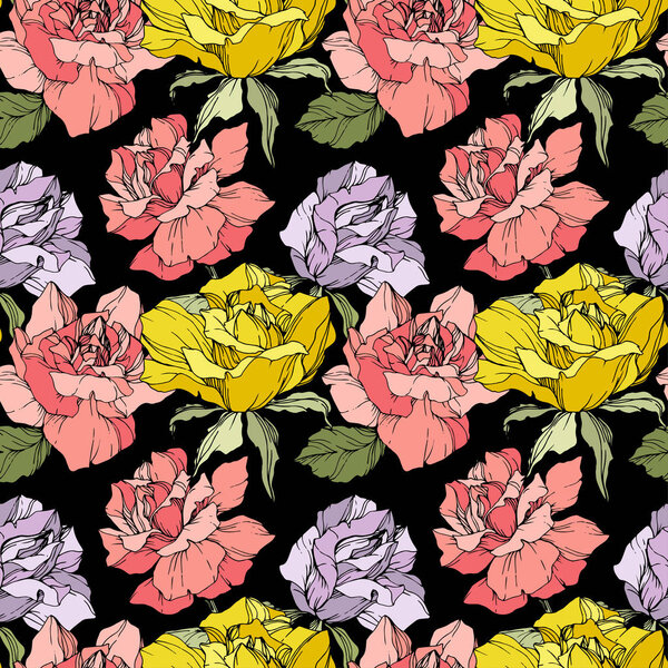 Розовые, желтые и фиолетовые розы. Гравировка чернил. Бесшовный рисунок фона. Ткань обои печати текстуры на черном фоне
.