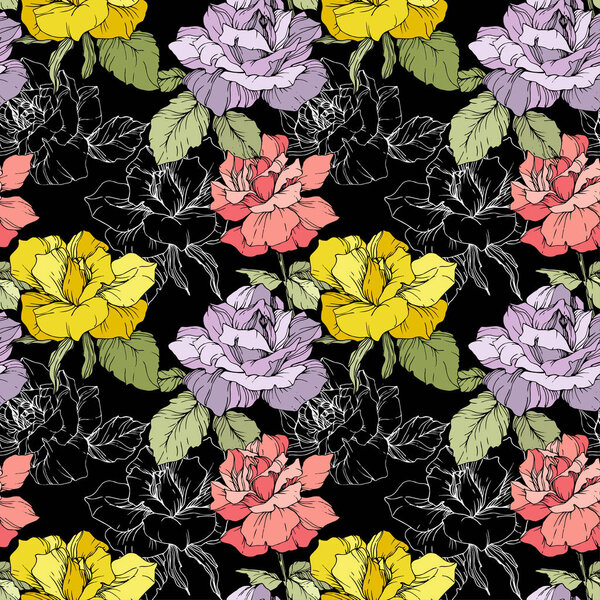 Pink, yellow and purple roses. Engraved ink art. Seamless background pattern. Fabric wallpaper print texture on black background.
