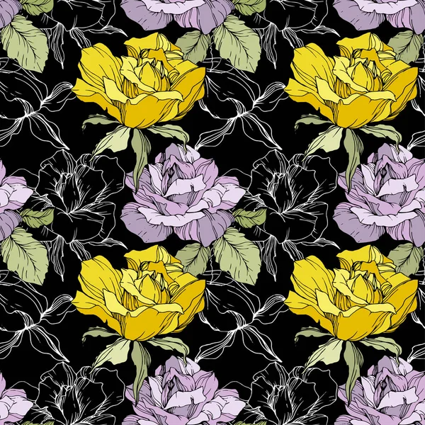 Yellow Purple Roses Engraved Ink Art Seamless Background Pattern Fabric — Stock Vector