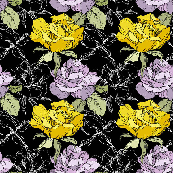 Yellow and purple roses. Engraved ink art. Seamless background pattern. Fabric wallpaper print texture on black background.