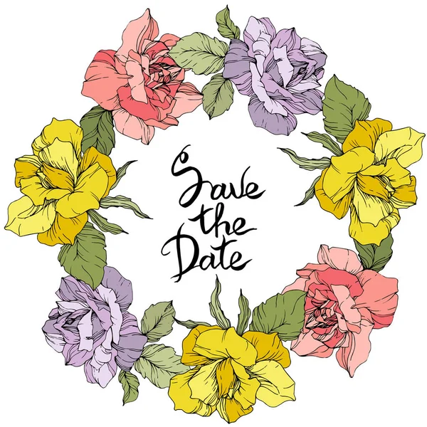Вектор Квіти Троянд Квітковий Вінок Жовті Рожеві Фіолетові Троянди Гравіруванням — стоковий вектор