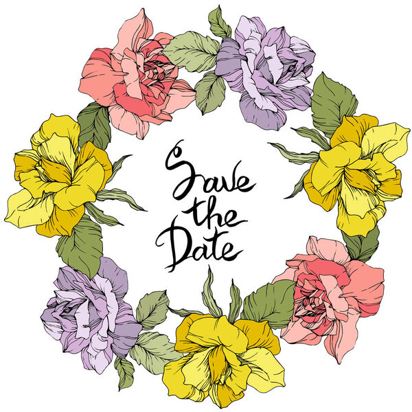 Vector. Rose flowers floral wreath. Yellow, pink and purple roses engraved ink art. Save the Date handwriting monogram calligraphy.