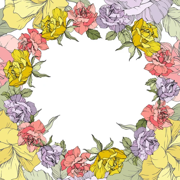 Vector Rose Flowers Floral Wreath White Background Yellow Purple Pink — Stock Vector