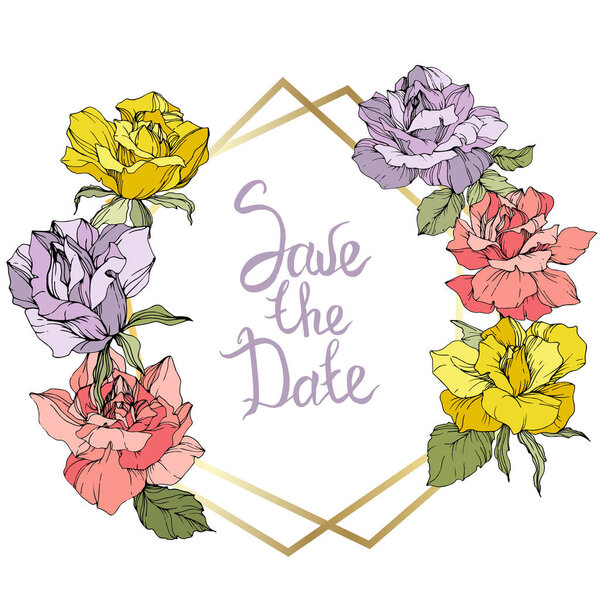 Vector. Rose flowers and golden crystal frame. Yellow, purple and pink roses engraved ink art. Geometric crystal polygon shape on white background. Save the Date handwriting monogram calligraphy.
