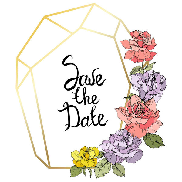 Вектор. Розовые цветы и золотая хрустальная рамка. Желтые, фиолетовые и розовые розы выгравированы чернилами. Геометрическая форма кристалла многогранника на белом фоне. Сохранить рукописную монограмму даты
.