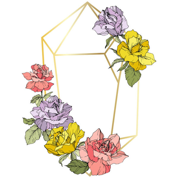 Vector. Rose flowers and golden crystal frame. Pink, yellow and purple roses engraved ink art. Geometric crystal polyhedron shape on white background.