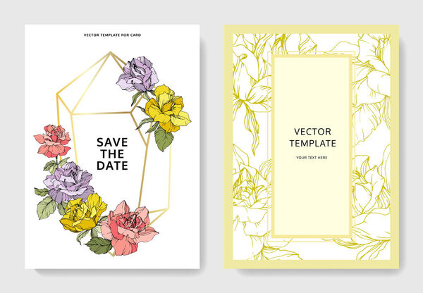 Beautiful rose flowers on cards. Wedding cards with floral decorative borders. Thank you, rsvp, invitation elegant cards illustration graphic set. Engraved ink art.