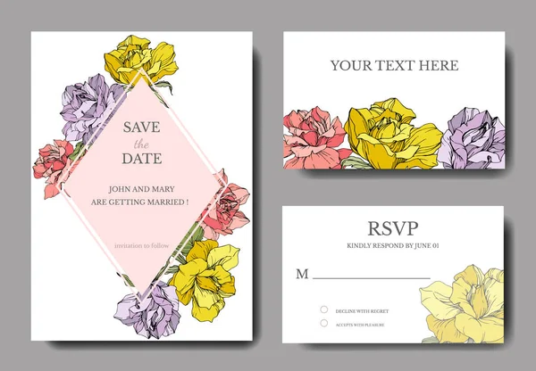 卡片上有美丽的玫瑰花 带有花卉装饰边框的婚礼卡片 谢谢你 Rsvp 邀请优雅的卡片插图图形集 雕刻的水墨艺术 — 图库矢量图片