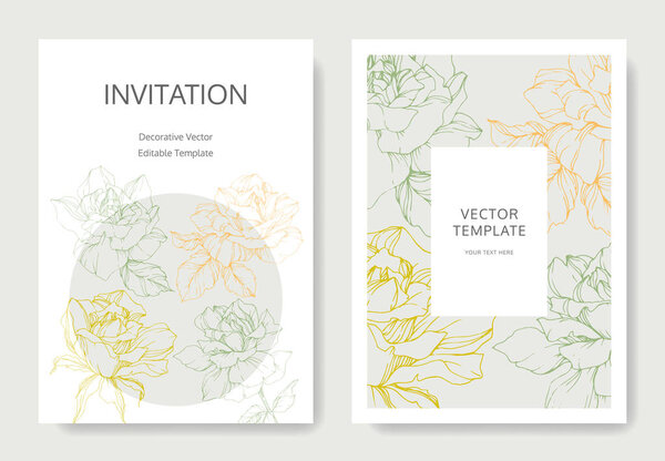 Vector rose flowers. Wedding cards with floral borders. Thank you, rsvp, invitation elegant cards illustration graphic set. 