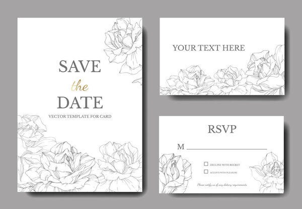 Vector. Silver rose flowers on white cards. Wedding cards with floral decorative borders. Thank you, rsvp, invitation elegant cards illustration graphic set. Engraved ink art.