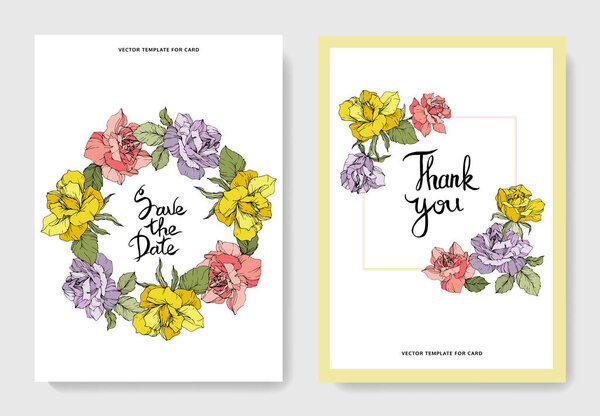 Beautiful rose flowers on cards. Wedding cards with floral decorative borders. Thank you, rsvp, invitation elegant cards illustration graphic set. Engraved ink art.