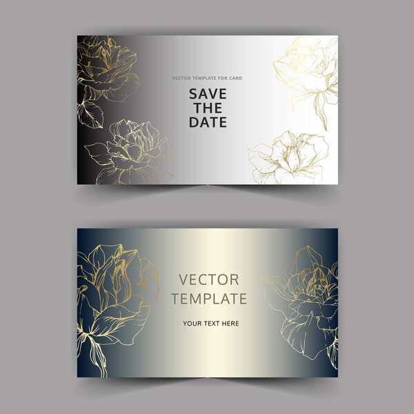 Vector. Golden rose flowers on silver cards. Wedding cards with floral decorative borders. Thank you, rsvp, invitation elegant cards illustration graphic set. Engraved ink art.