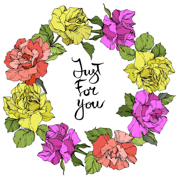 Vector. Roses floral wreath. Purple, yellow and coral rose flowers engraved ink art. Just for you handwriting monogram calligraphy.