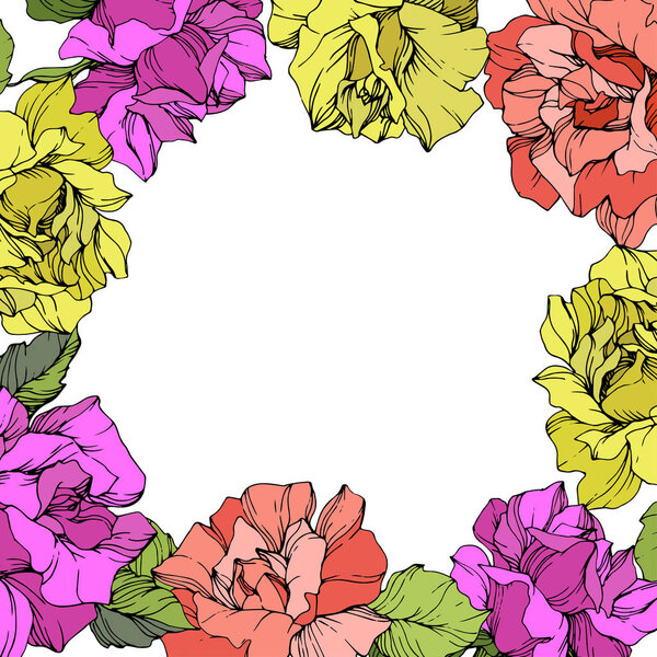 Vector. Roses floral wreath. Purple, yellow and coral rose flowers. Engraved ink art on white background.