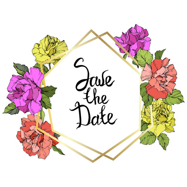 Цветы векторной розы и золотая хрустальная рамка. Коралловая, желтая и фиолетовая краска. Геометрическая форма кристалла многогранника на белом фоне. Сохранить рукописную монограмму даты
.