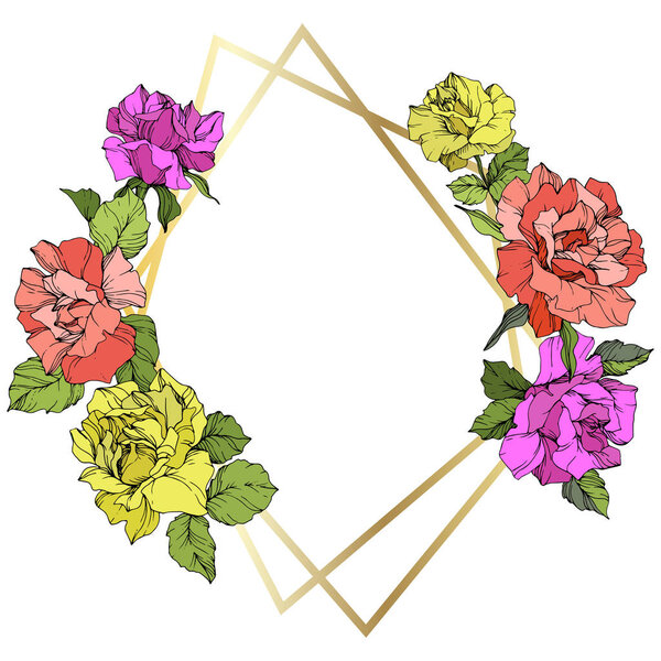 Vector. Rose flowers and golden crystal frame. Coral, yellow and purple roses engraved ink art. Geometric crystal polyhedron shape on white background.