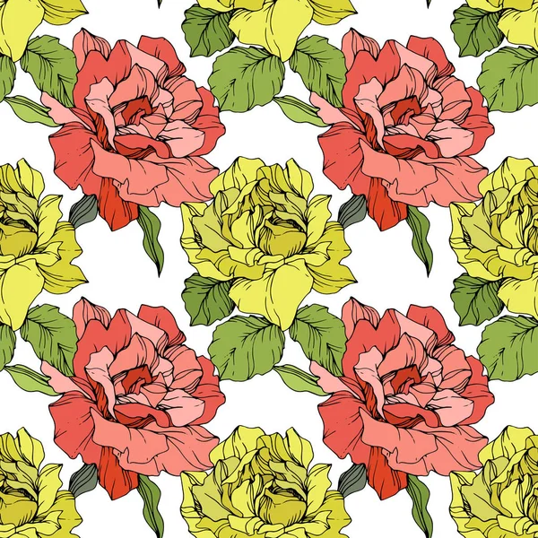 Coral Yellow Roses Engraved Ink Art Seamless Background Pattern Fabric — Stock Vector